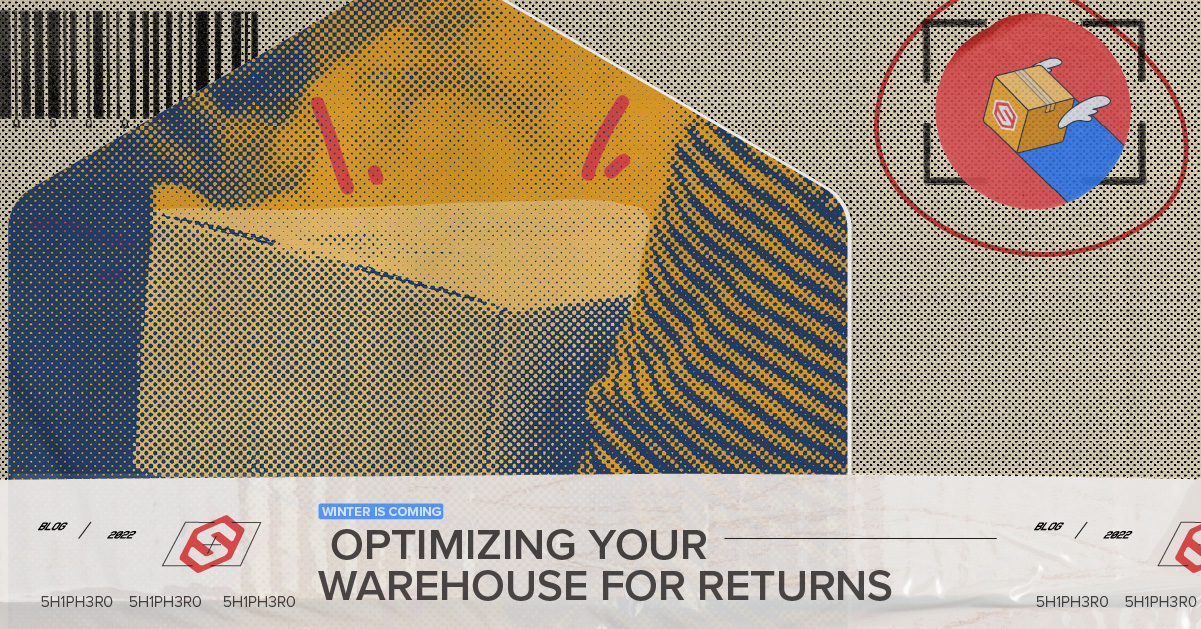 Optimizing your warehouse for returns. A person carrying a package with red action lines coming off the top. 