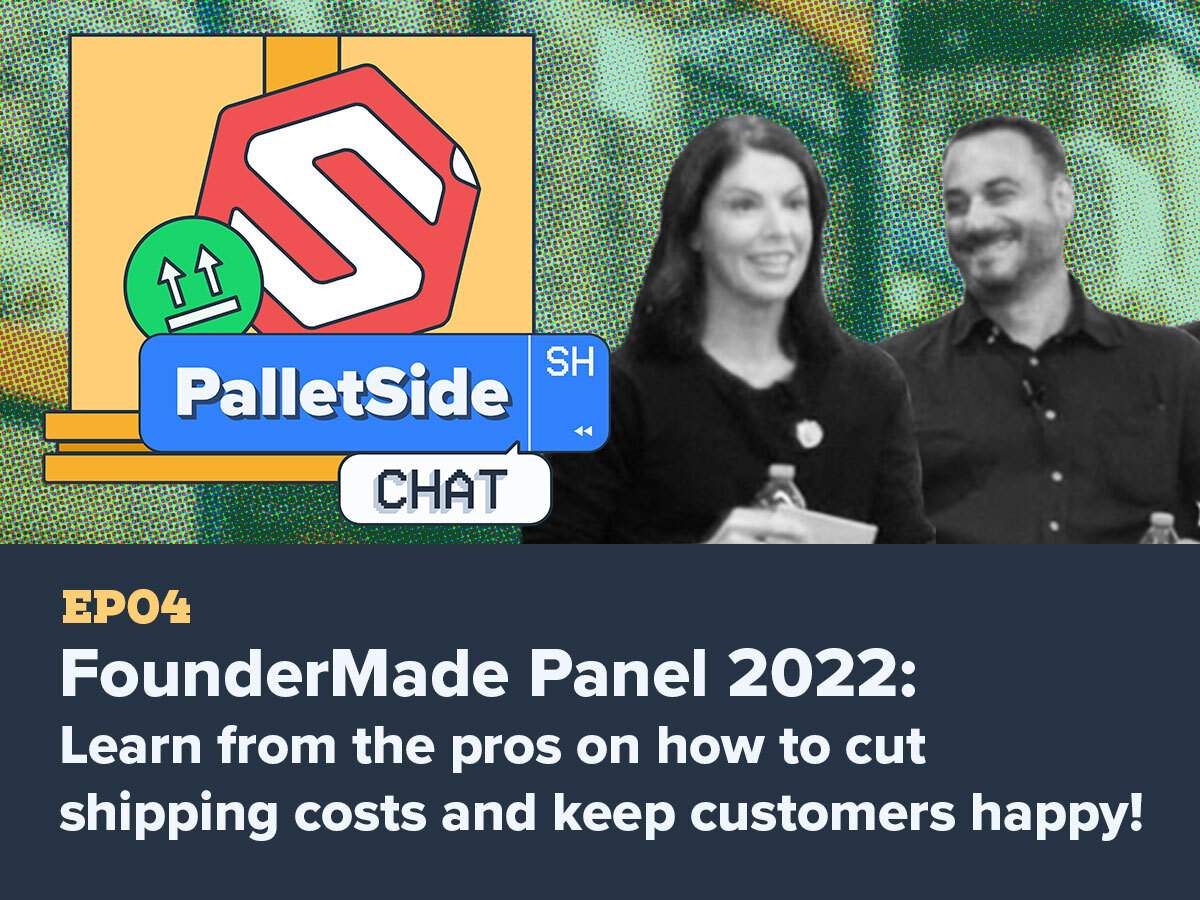 Photo of ShipHero COO Maggie Barnett during the founder made panel, with title text below and the PalletSide chat logo beside her.