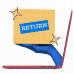 A hand popping out of a computer holding a box that said returns on it.