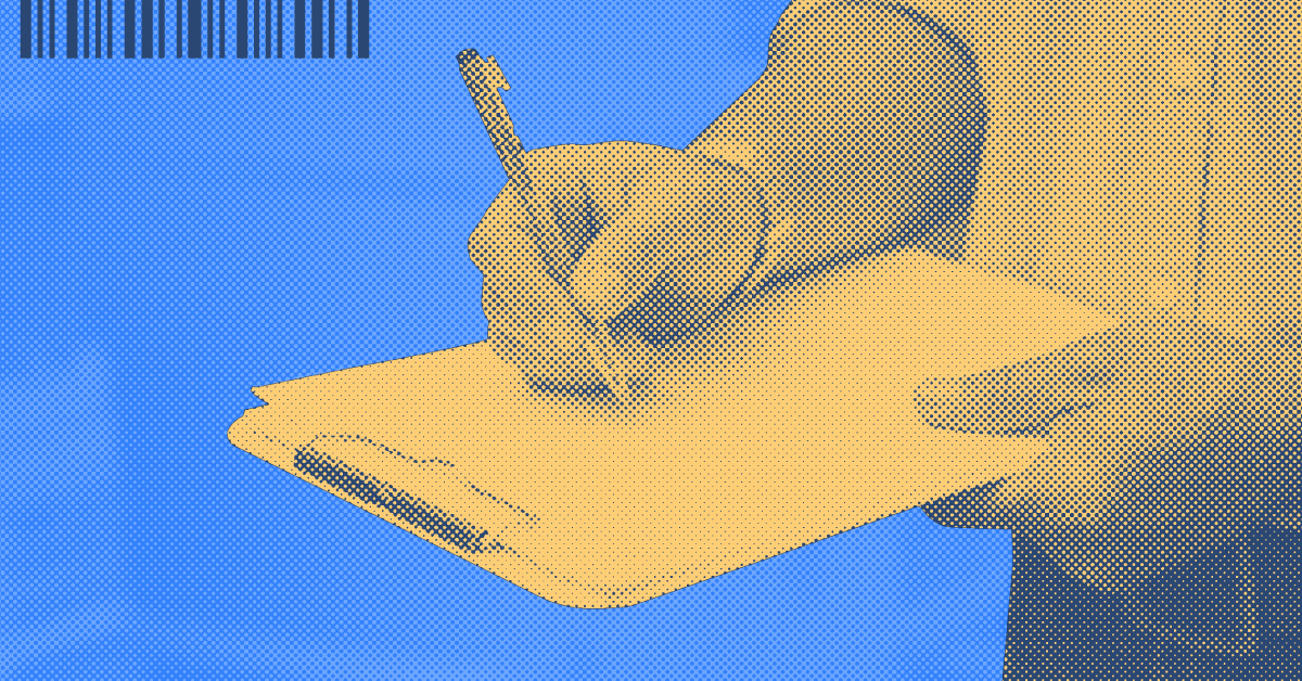 Someone with a clipboard checking off items on a list. Stylized.